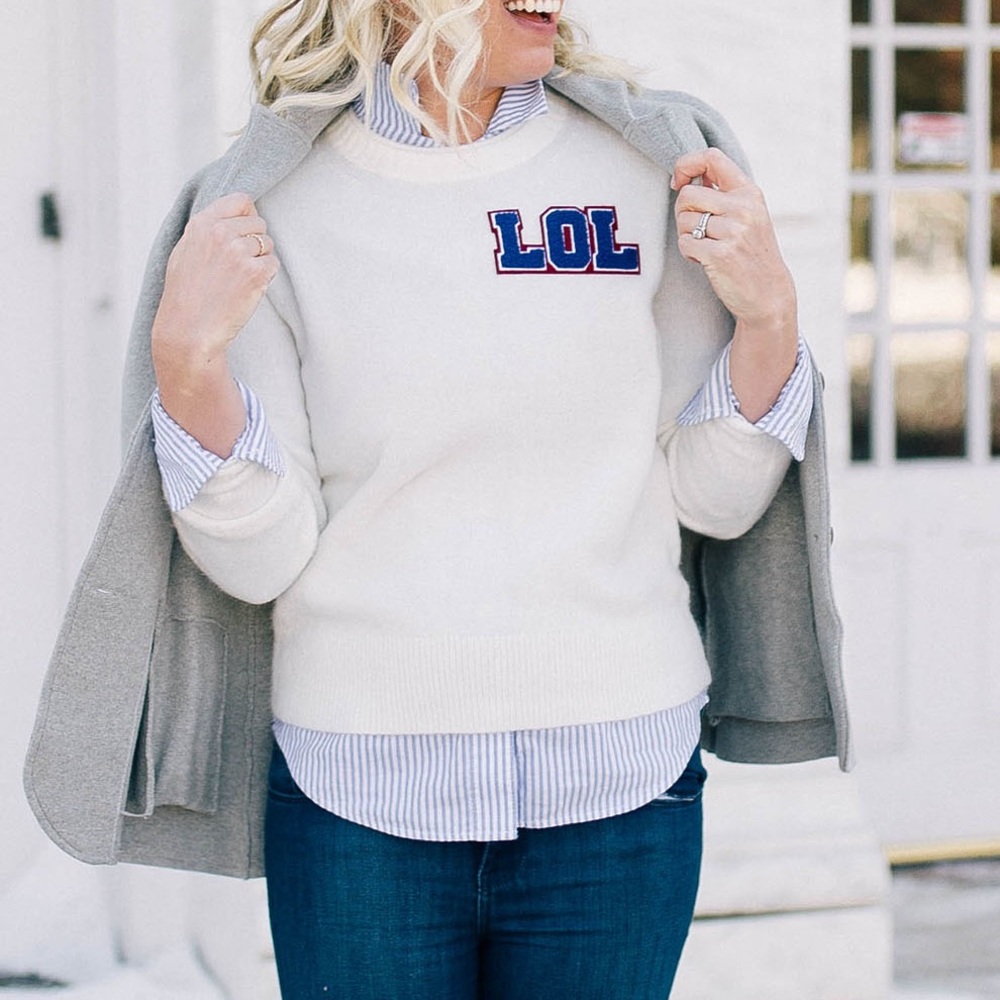 J. Crew LOL Collegiate Preppy White & Blue Sweater Size Small